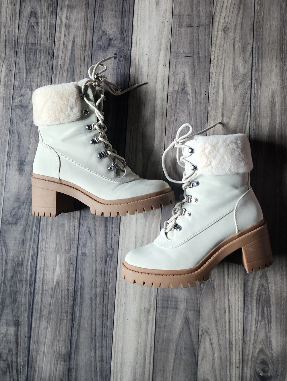 SM New York Cream Lace-Up Faux-Shearling Block Heel Boots with Tan Lug Sole